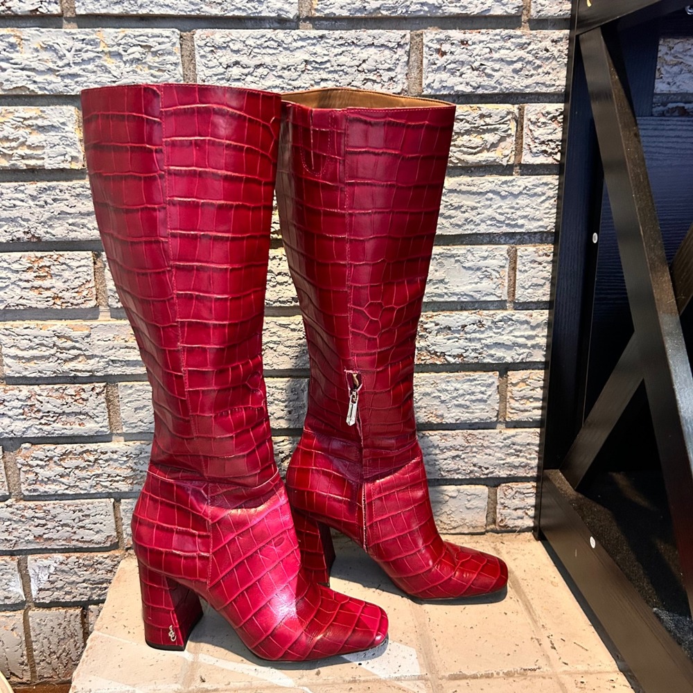Sam Edelman Women Red Croc Embossed Knee High Block Heel Square Toe Boots Size 7